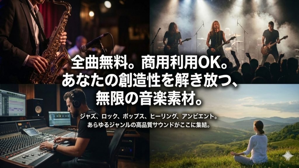 全曲無料・商用利用OKの総合フリー音楽素材一覧。ジャズ、ロック、ポップス、ヒーリングなどのイメージ写真