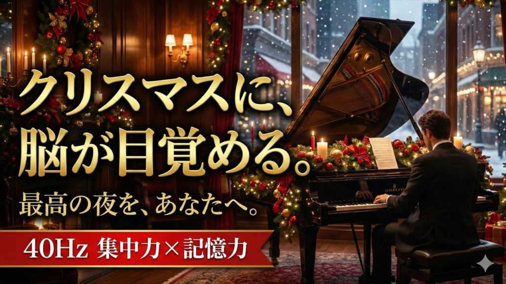 クリスマスツリーとキャンドルの光に包まれた部屋でジャズピアノが流れる様子 40Hzによる脳の活性化イメージ
