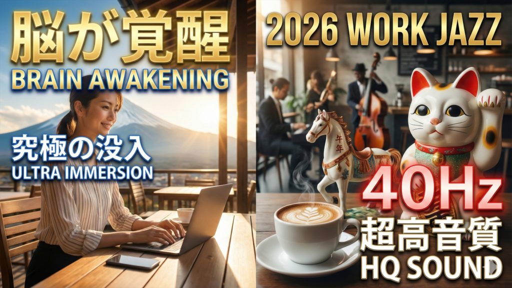 2026年作業用ジャズBGMのアイキャッチ画像。脳が覚醒する40Hz超高音質サウンドで究極の没入状態へ。富士山を望むデスクワークとカフェでのジャズ演奏の様子。