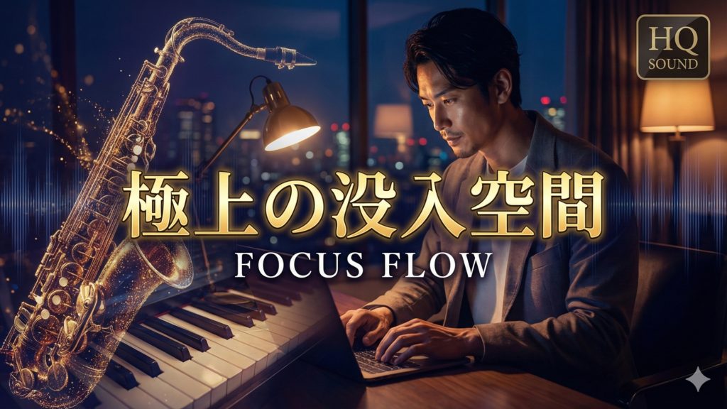 深夜の部屋で集中してPC作業をする男性と、輝くジャズ楽器(サックス・ピアノ)のイメージ画像。「極上の没入空間 FOCUS FLOW」の文字入り。