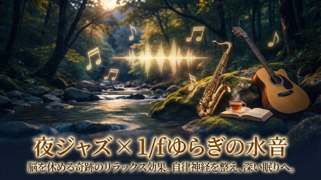 夜の静かな水辺とジャズ楽器。1/fゆらぎの水音と528Hzで自律神経を整え、深い睡眠と集中を促すリラックスJAZZのヒーリングイメージ。