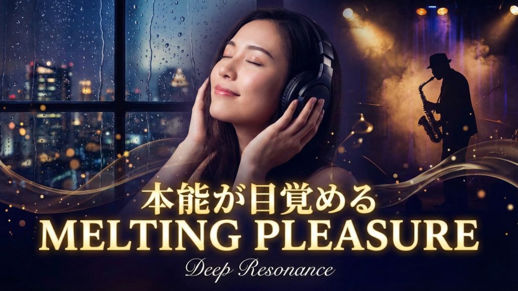 528Hzと雨音JAZZで脳がとろける睡眠用BGMのサムネイル。ヘッドフォンでリラックスする日本人女性と、都会の雨夜景、サックス奏者のシルエット。「本能が目覚める MELTING PLEASURE」のキャッチコピー。自律神経を整える作業用音楽。